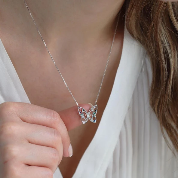 Renkli Zirkon Taşlı Kelebek Figürlü Gümüş Set - Resim 4