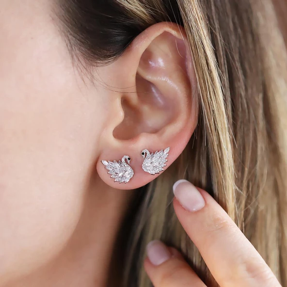 Kuğu Taşlı Işıltı Gümüş Küpe - Resim 3