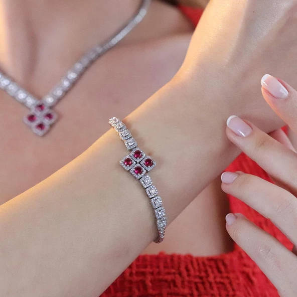 Kare Montür Ruby  Gümüş Set - Resim 5