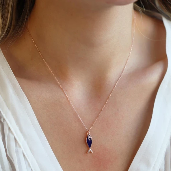 Mine İşli Lacivert Balık Model Zirkon Taşlı Rose Gold Kaplama Gümüş Set - Resim 2