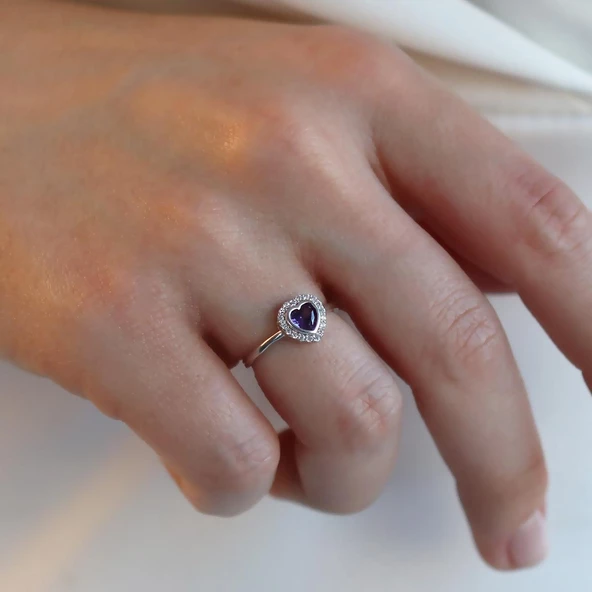 Kalp Pndr Ametist Taşlı 925 Ayar Gümüş Yüzük - Resim 2