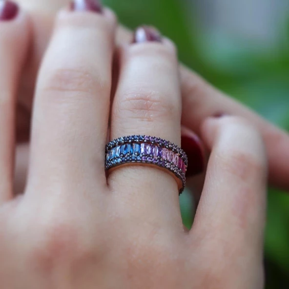 Renkli Zirkon Taşlı Baget Kesim Gümüş Tamtur Yüzük - Resim 3