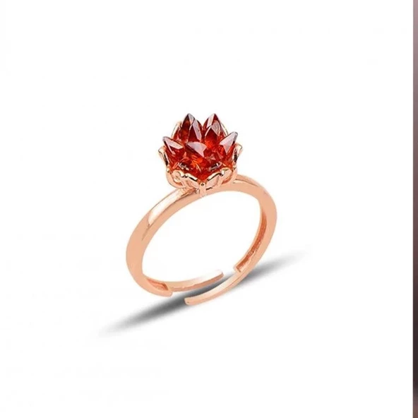 Ayarlanabilir Kırmızı Lotus Çiçeği 925 Ayar Gümüş Yüzük - 3