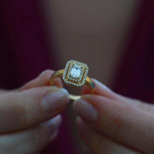 Halo 0,84 Karat Tek Taş Model Gold Kaplama Sky Diamond Yüzük - Resim 2