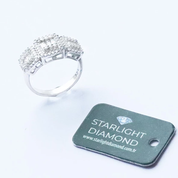 Baget Kesim 3'lü Starlight Daimond Gümüş Yüzük - Resim 2