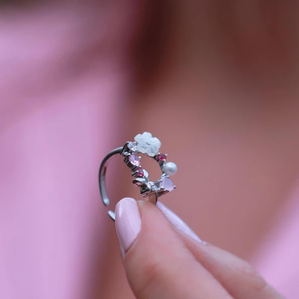 İnci ve Çiçek Motifli 925 Ayar Gümüş Yüzük ürün görseli 1