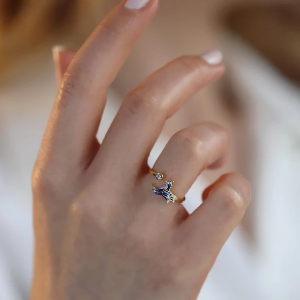 Totem Kuşu Lacivert Mine İşli Gold Kaplama Gümüş Yüzük - Resim 4