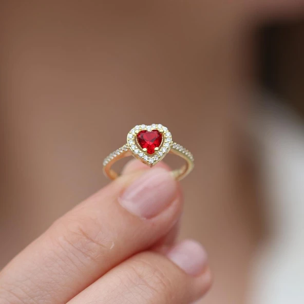 Kalp Pndr Model Kırmızı Zirkon Taşlı Gold Gümüş Yüzük - Resim 4