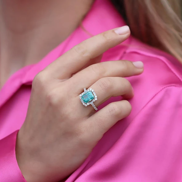 Paraiba Taşlı Baget Vintage Gümüş Yüzük - Resim 3