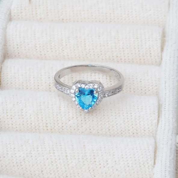 Kalp Pndr Model Aquamarin Taşlı Gümüş Yüzük - Resim 2