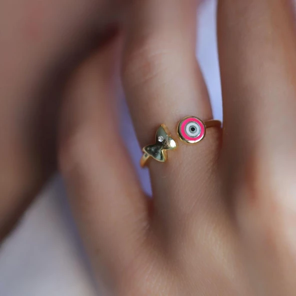 Gold Kaplama Nazar Boncuklu ve Kelebekli Ayarlanabilir Gümüş Yüzük ürün görseli 1