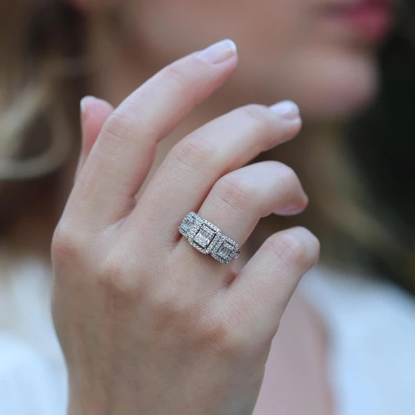 Baget Kesim 3'lü Starlight Daimond Gümüş Yüzük - Resim 4