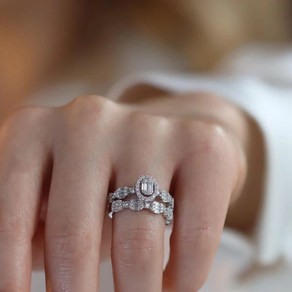 Oval Kesim Baget Taşlı Çift Gümüş Yüzük - Resim 3