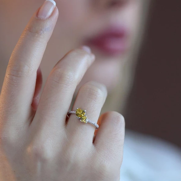 Pndr İki Kalp Sitrin Taşlı Gümüş Yüzük ürün görseli 1