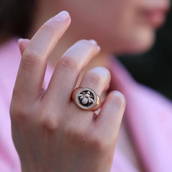 Zirkon Taşlı Arı Figürlü Rose Gold Kaplama Gümüş Yüzük - Resim 5