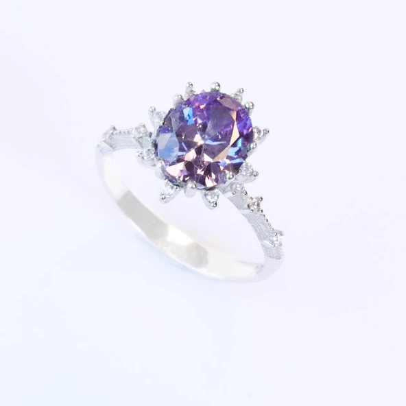 Ametist Taşlı Elips Lotus Çiçeği Gümüş Yüzük - Resim 4