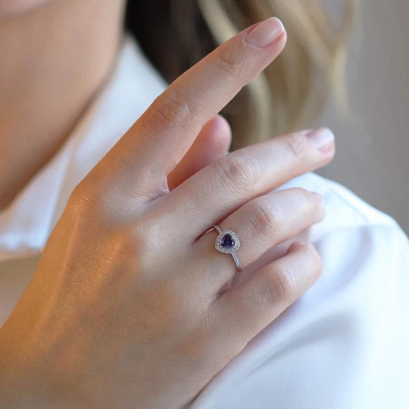 Kalp Pndr Ametist Taşlı 925 Ayar Gümüş Yüzük - Resim 4