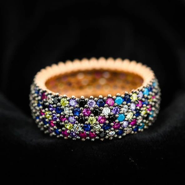 Pırlanta Montür Rose Kaplama 5 Sıra Renkli Zirconia Tamtur Gümüş Yüzük - Resim 2