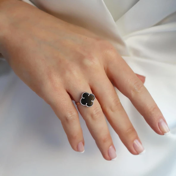 Alhambra Model Siyah Mine Taşlı Gümüş Yüzük - Resim 4