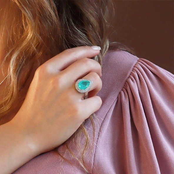 Paraiba Taşlı Damla Model 925 Ayar Gümüş Yüzük - Resim 2
