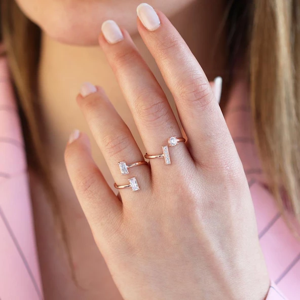 Zirkon Taşlı Rose Gold Kaplama Kombin Gümüş Yüzük - Resim 4