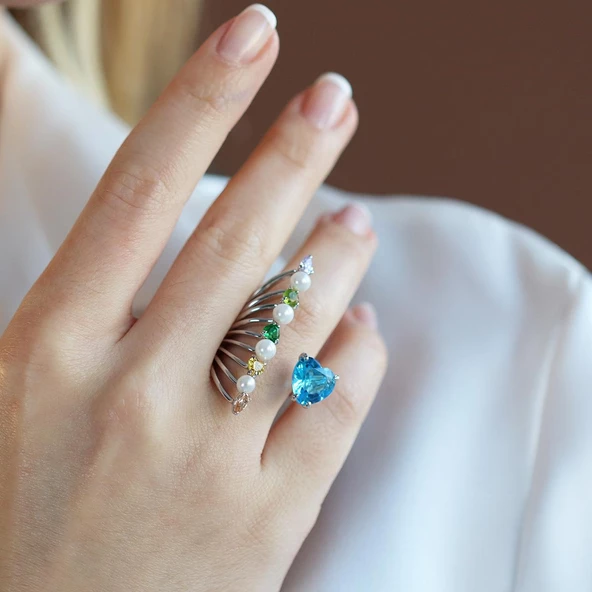 Renkli Kalp Taşlı İncili Gümüş Yüzük ürün görseli 1