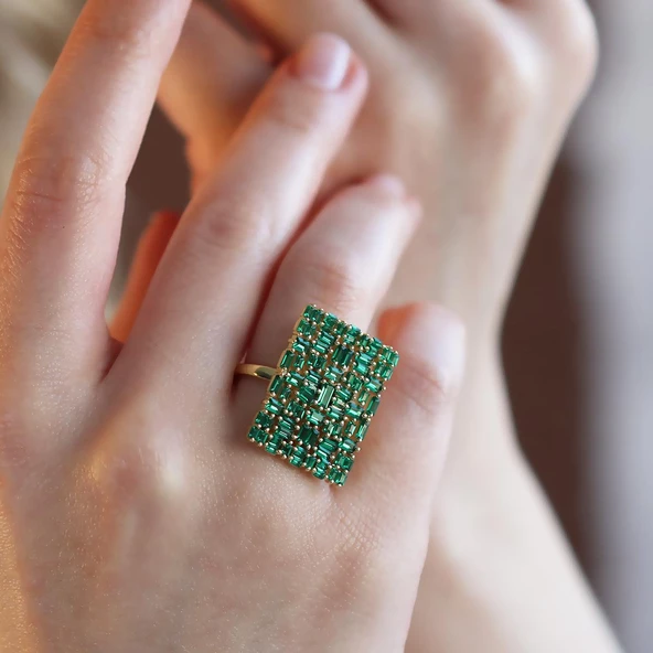 Yeşil Zirkon Taşlı Gold Kaplama 925 Ayar Gümüş Yüzük - Resim 3