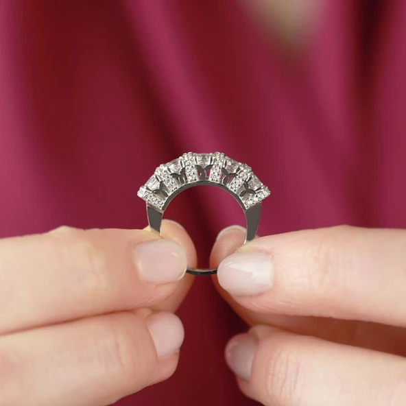 Tırnak Araları Mini Zirkon Taşlı 5 Taş Starlight Diamond Gümüş Yüzük - Resim 4