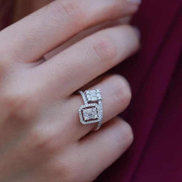 Floral Vine Halo Baget Kesim Sky Diamond Gümüş Yüzük - Resim 4