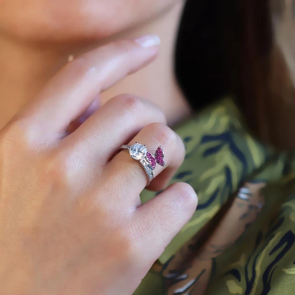 Pembe Zirkon Taşlı Kelebekli 6 Tırnaklı Tek Taş Gümüş Yüzük - Resim 2