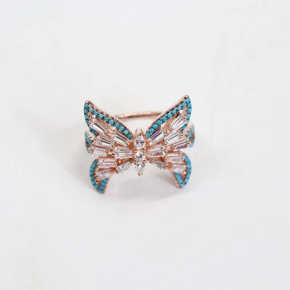 Kelebek Turkuaz Baget Taşlı Rose Gold Kaplama Gümüş Yüzük - Resim 3