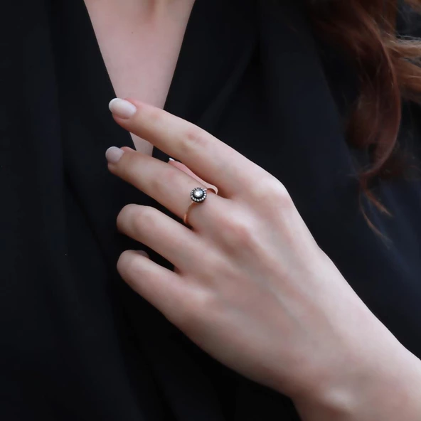 Elmas Montür Yuvarlak Gold Kaplama Gümüş Yüzük - Resim 2