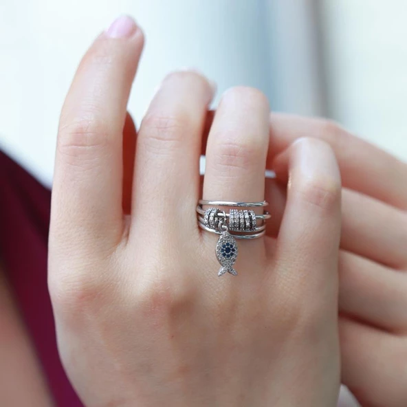 Monaco Hareketli Halkalar Balık Model Zirkon Taşlı Gümüş Yüzük ürün görseli 1