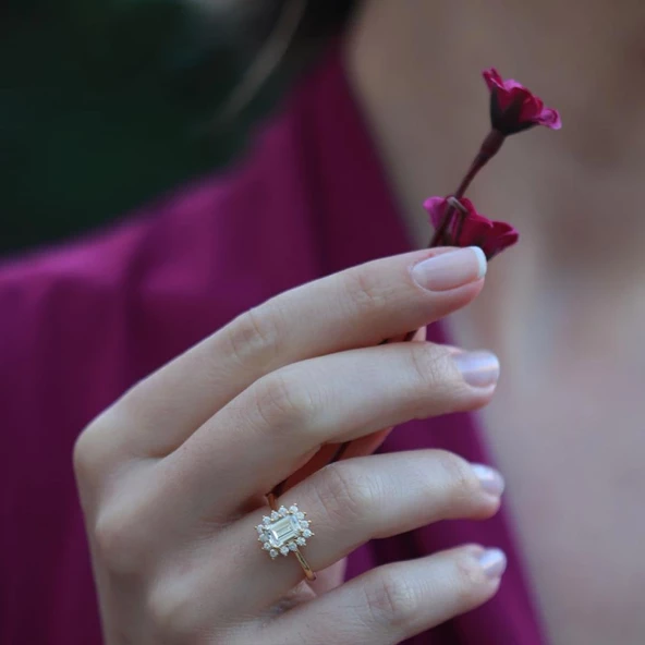 Zümrüt Kesim 1,25 Karat Tek Taş Model Gold Kaplama Sky Diamond Yüzük - Resim 2