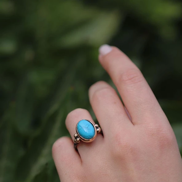 Turkuaz Taşlı Otantik El İşi Gümüş Yüzük ürün görseli 1