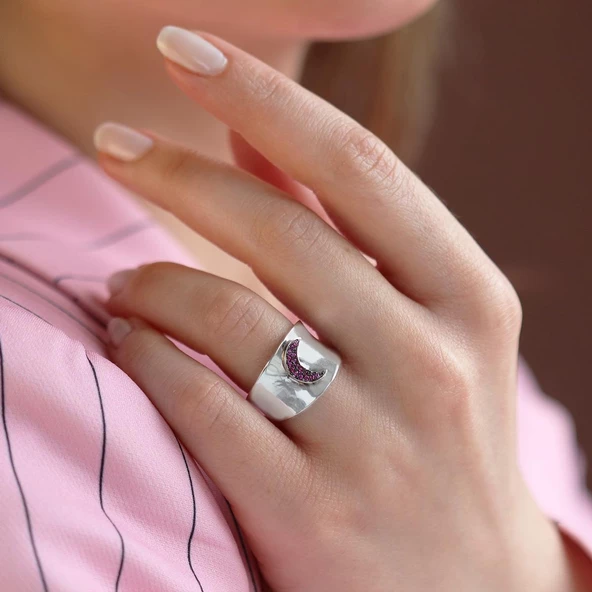 Pembe Zirkon Taşlı Moon İkon Gümüş Yüzük ürün görseli 1