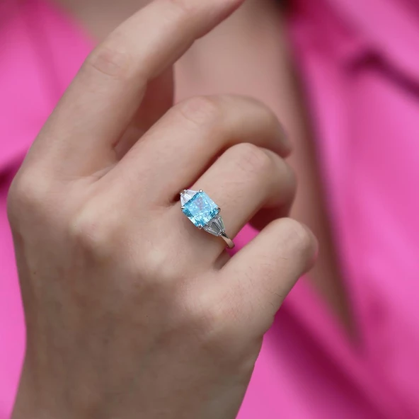 Prenses Kesim Aquamarine Taşlı Gümüş Yüzük ürün görseli 1