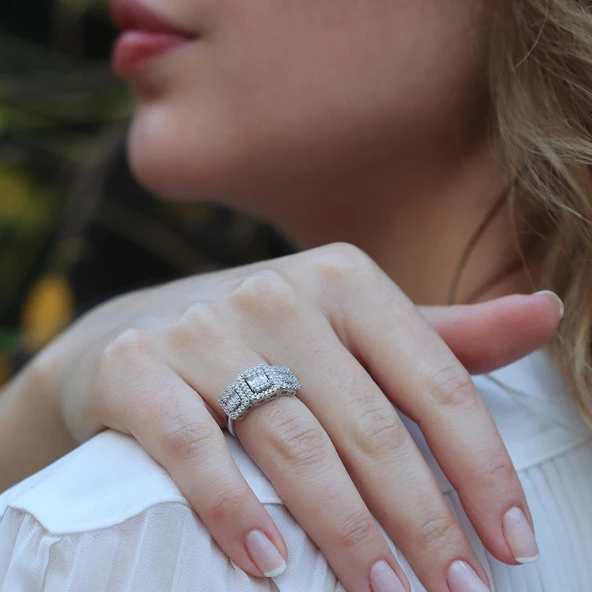 Baget Kesim 3'lü Starlight Daimond Gümüş Yüzük - Resim 3