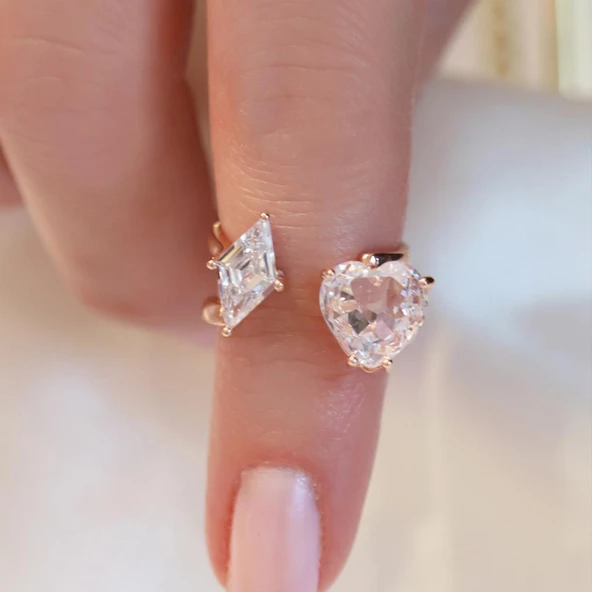 Kalp Karo Rose Gold Kaplama Ayarlanabilir Gümüş Yüzük - Resim 3