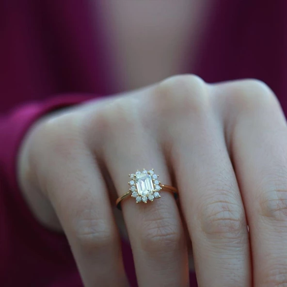 Zümrüt Kesim 1,25 Karat Tek Taş Model Gold Kaplama Sky Diamond Yüzük ürün görseli 1