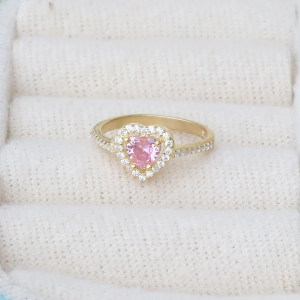 Kalp Pndr Model Pembe Zirkon Taşlı Gold Gümüş Yüzük - Resim 2