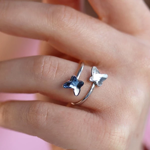 Swarovski Taşlı Renkli Kelebek Gümüş Yüzük - Resim 3
