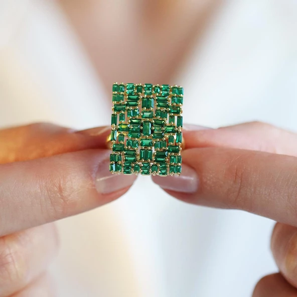 Yeşil Zirkon Taşlı Gold Kaplama 925 Ayar Gümüş Yüzük - Resim 2