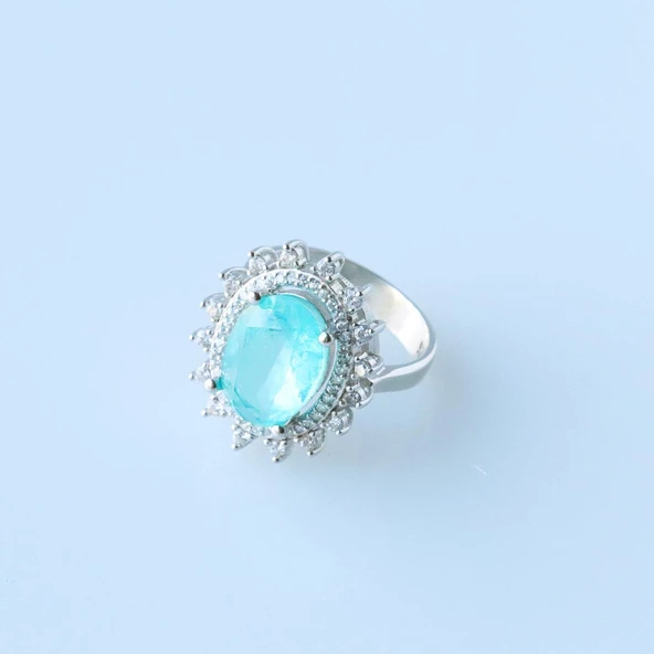 Oval Pırıltılı Paraiba Taşlı Gümüş Yüzük - Resim 2