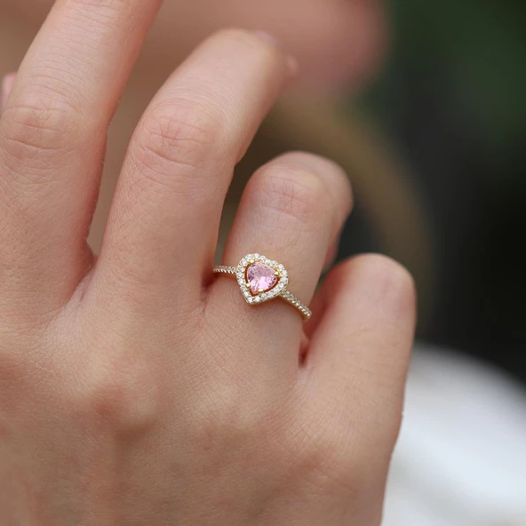 Kalp Pndr Model Pembe Zirkon Taşlı Gold Gümüş Yüzük - Resim 4