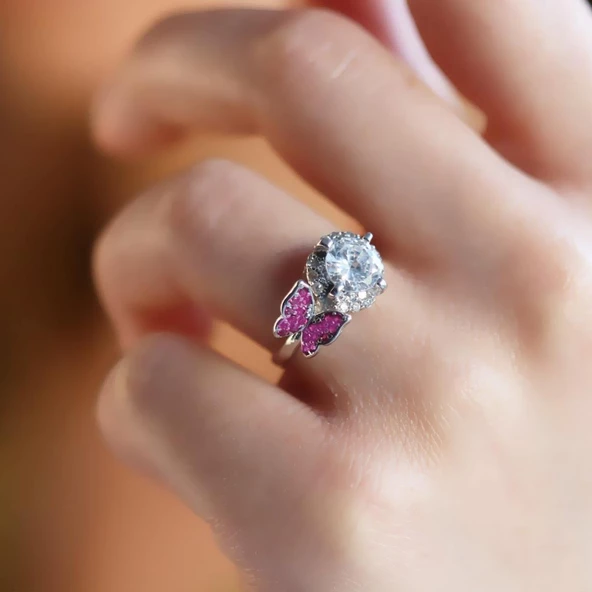 Pembe Zirkon Taşlı Kelebekli Tek Taş Gümüş Yüzük ürün görseli 1