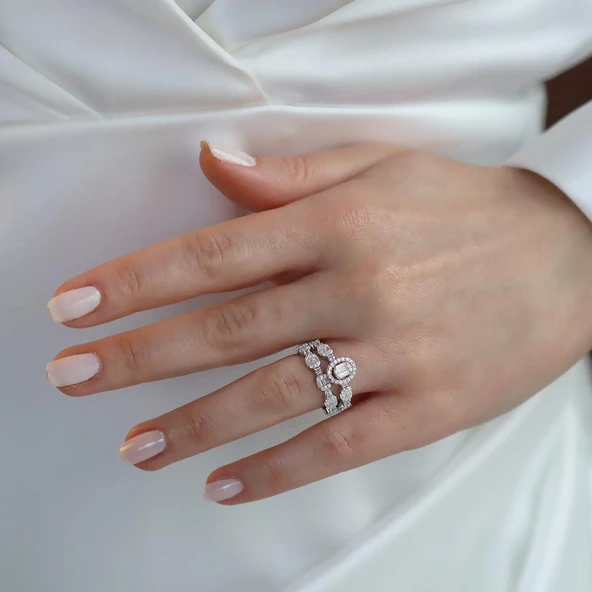 Oval Kesim Baget Taşlı Çift Gümüş Yüzük - Resim 4