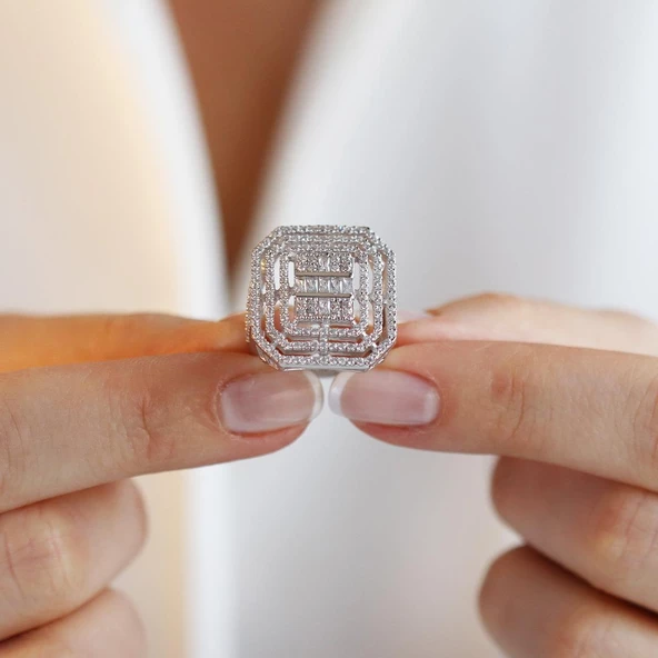 3 Boyutlu Baget Kesim Gümüş Yüzük - Resim 3