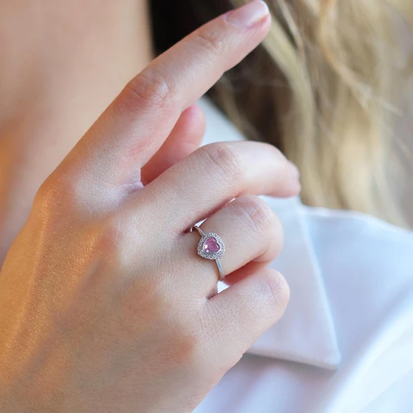 Kalp Pndr Pembe Taşlı 925 Ayar Gümüş Yüzük - Resim 4