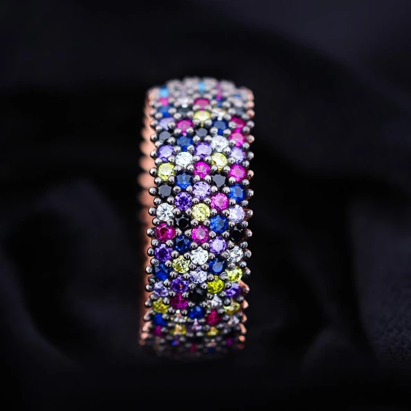 Pırlanta Montür Rose Kaplama 5 Sıra Renkli Zirconia Tamtur Gümüş Yüzük ürün görseli 1